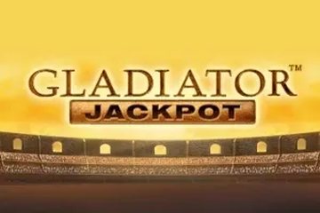 The Gladiator Jackpot title logo in gold lettering above the wall of a Roman amphitheatre, lit ochre
