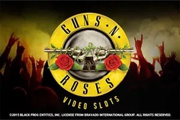 The Guns N' Roses circular band logo, two revolvers crossed behind roses, over a crowd of raised hands at a concert