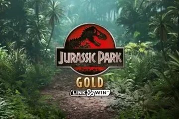 The Jurassic Park Gold title logo, the film's tyrannosaurus-skeleton emblem in a red circle, set over a dense green jungle trail