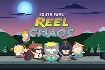 The South Park: Reel Chaos title logo above the show's four boys drawn as costumed superheroes, standing on a night-time street under a full moon
