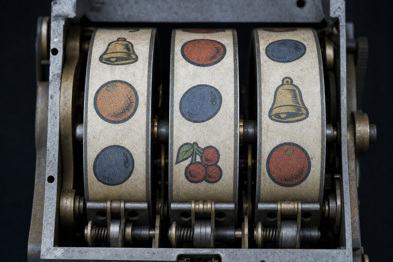 Macro photograph of the three aluminium reel drums inside a vintage mechanical slot machine, worn printed symbol strips and brass spindles visible, the mechanism the online slots UK figures in this catalogue describe