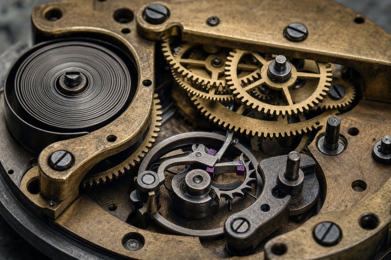 The open movement of a mechanical timer, its coiled mainspring wound tight against a brass gear train and jewelled escapement, the running-down clock at the centre of slot bankroll management