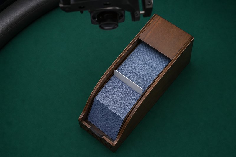 A wooden dealing shoe loaded with blue-backed cards on dark green baize, an overhead camera housing just in shot above it, the physical setup behind every live online blackjack table