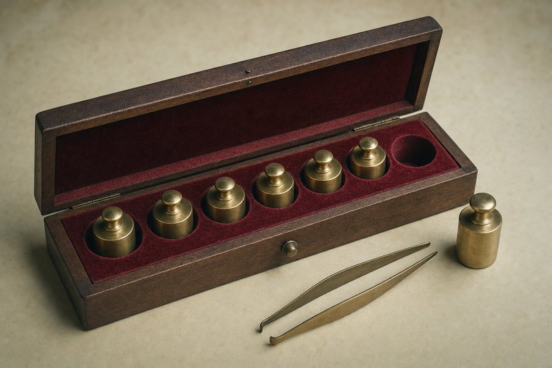 A fitted case of plain brass calibration weights on red velvet, one weight lifted out and standing beside a pair of brass tweezers, the kind of checked measurement most online slots real money payout claims never get