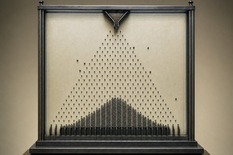 A Galton board behind glass, hundreds of steel balls fallen through a triangle of pins and settled into channels as a bell-shaped mound, the distribution that slot RTP and volatility actually describe