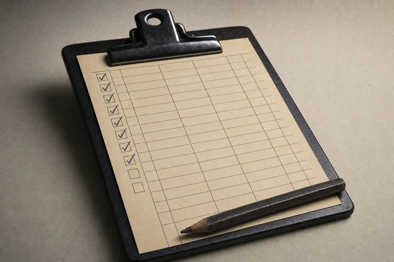 An inspection tally card clipped to a dark bakelite clipboard, eight of its ten boxes ticked firmly in pencil and the pencil resting across the lower corner, which is how many checks separate the best casino sites for slots from the rest