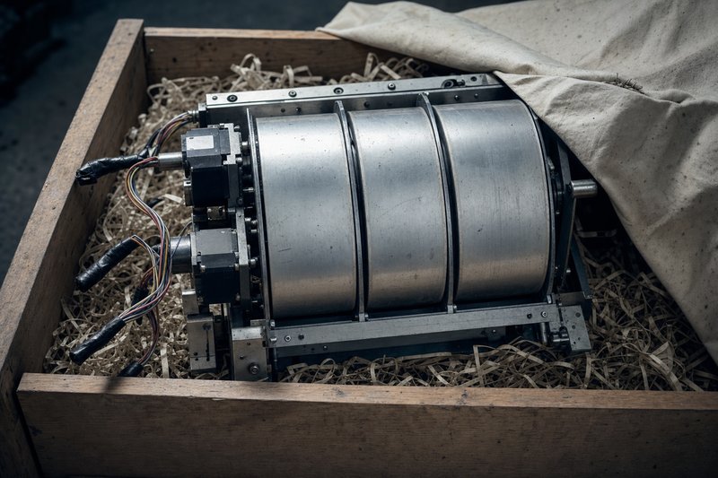 A stripped three-drum slot reel assembly lying in a packing crate of shredded paper, stepper motors still bolted on and wiring cut and capped, the physical end of the withdrawn slots recorded here